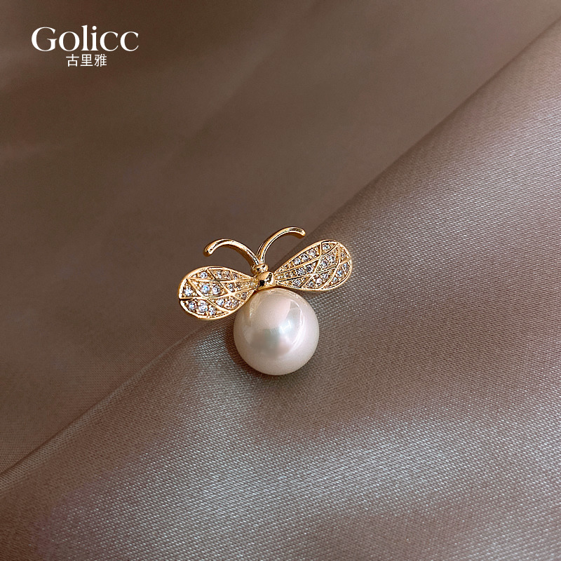 Bee pearl anti-glare buckle brooch high-end women's silk scarf buckle fixed clothes small pin neckline accessories decorations