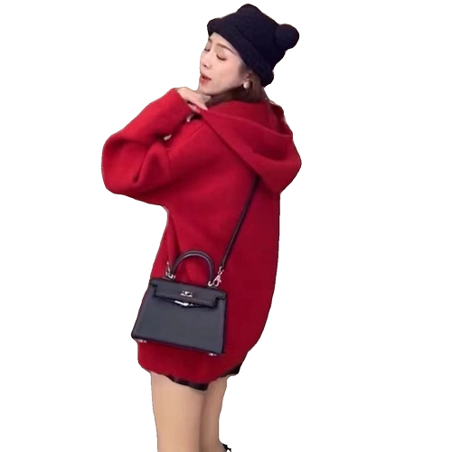 Красное шерстяное платье, длинный трикотажный свитер, свободный крой, средней длины