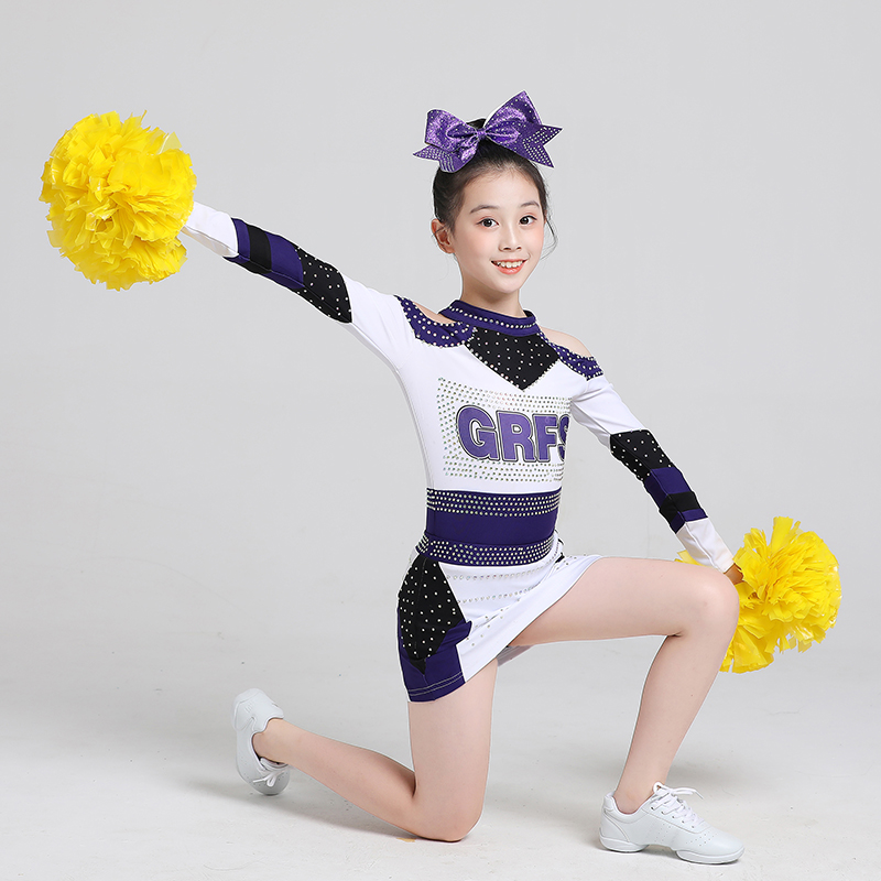 女性用プロチアリーディング競技用ユニフォーム、エアロビクス用子供用ポンポンチアリーディングパフォーマンスユニフォーム、グループ用大人学生用競技用