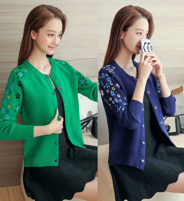 Áo len ngắn nữ mùa xuân và mùa thu mỏng phần bên ngoài áo len nữ trung niên thời trang thêu phụ nữ - Vòng cổ áo len áo len nữ tay lỡ