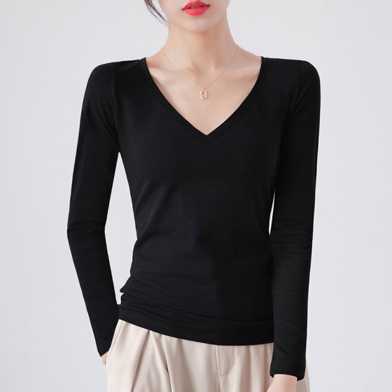 Black v-neck top women's bottoming shirt long-sleeved T-shirt is thin and thin section foreign style sweetheart collar spring and autumn all-match inner cotton