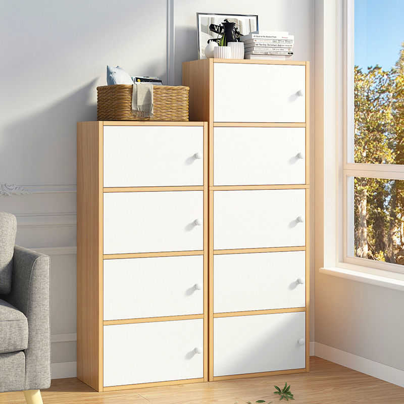 简易实用木柜子储物柜带门书橱置物柜四层飘窗柜床头柜衣物收纳柜