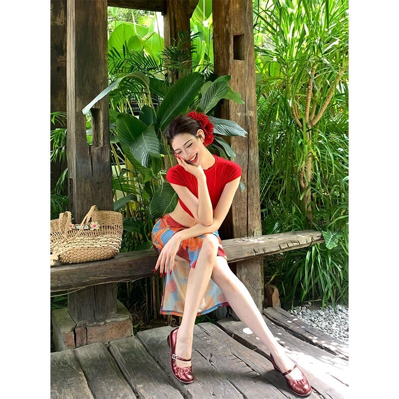 Swimwear Red Cut-Out Short-Sleeved Top Bikini Swimsuit Vacation Style Pure Desire Slim Fit Slit Floral Skirt
