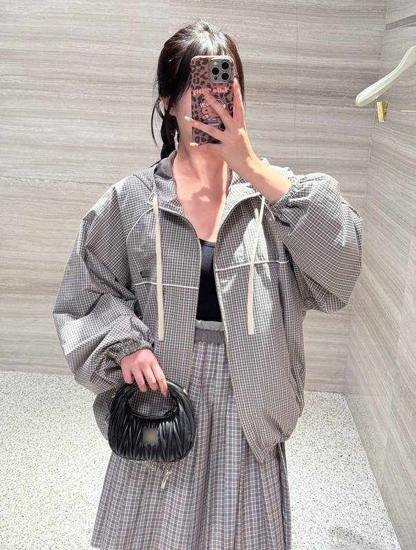 M*U British Retro Pure Cotton Yarn-Dyed Pink and Green Plaid Hooded Drawstring Double Zipper Windproof Jacket Couple's Coat