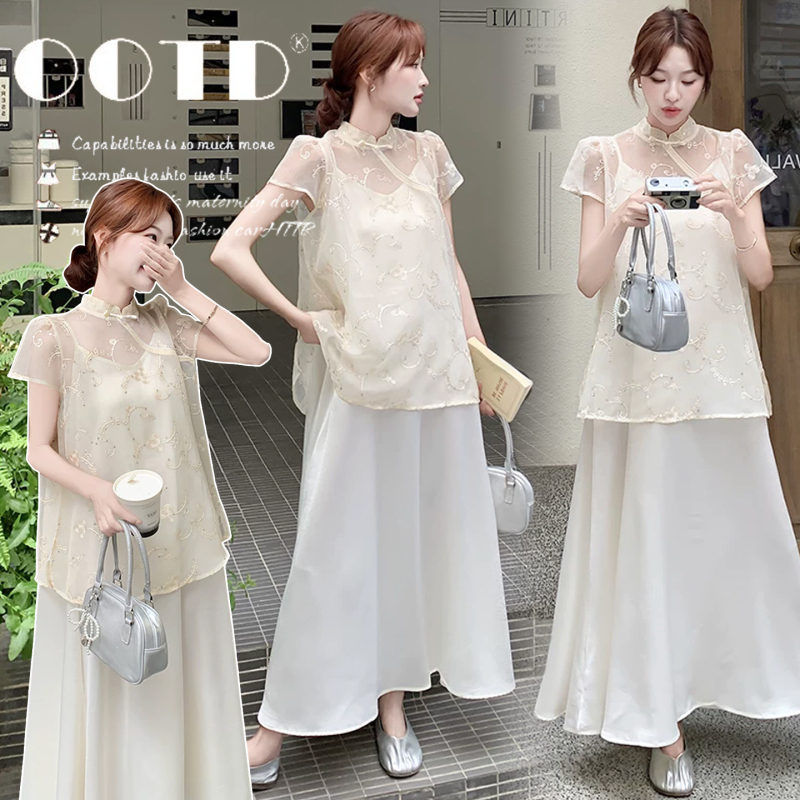 Maternity Summer Two-Piece Set with New Chinese-Style Embroidered Buttoned Cover-Up and Mid-Length Slip Dress, 2026 Casual Versatile Women's Wear Maternity Summer Two-Piece Set with New Chinese-Style Embroidered Buttoned Cover-Up and Mid-Length Slip Dress, 2026 Casual Versatile Women's Wear