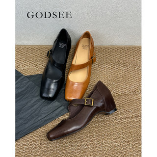 GODSEE 头层牛皮4cm内增高法式玛丽珍女鞋浅口方头单鞋女2026新款