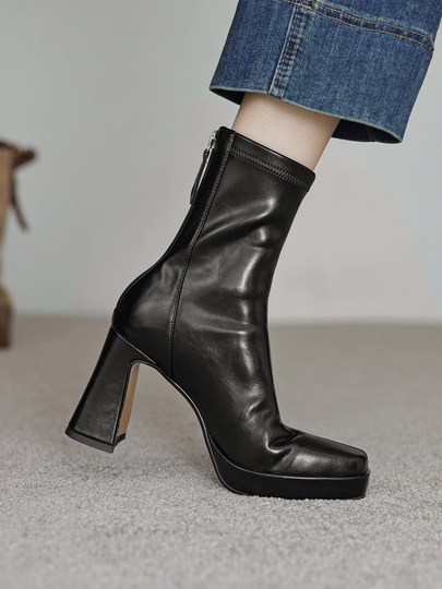 Chunky Heel Slim Boots French Style Autumn and Winter Boots Thick-Soled Elastic Boots Waterproof Platform High Heels Square Toe High Heel Short Boots for Women