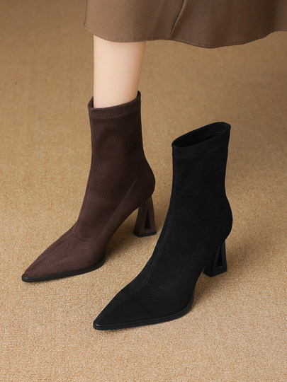 2025 New Style Super Stylish Sock Boots, Elastic Boots, Suede Slim Boots, Pointed Toe High Heels, High Heel Ankle Boots for Women