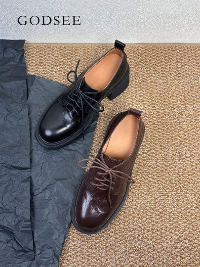 Godsee 6.5cm British Style Small Leather Shoes, Black High-Heeled Shoes, Chunky Heel Derby Shoes, Thick-Soled Loafers for Women