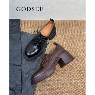 Godsee 6.5cm British Style Small Leather Shoes, Black High-Heeled Shoes, Chunky Heel Derby Shoes, Thick-Soled Loafers for Women