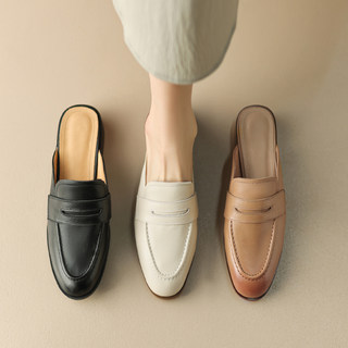 拖鞋女夏外穿2025新款真皮粗跟穆勒鞋低跟懒人皮拖鞋包头半拖鞋