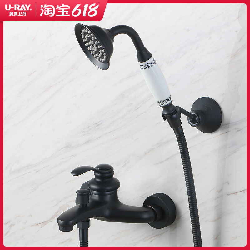 Black bathtub triple faucet antique American shower set inlaid porcelain big hand spray full copper water mixing valve