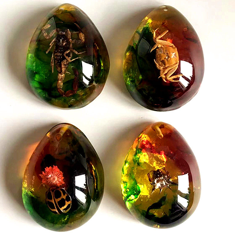 Natural Real Insect Colorful Amber Water Drop Pendant Scorpion Butterfly Sweater Chain Unisex Jewelry Spider Raw Stone Gift