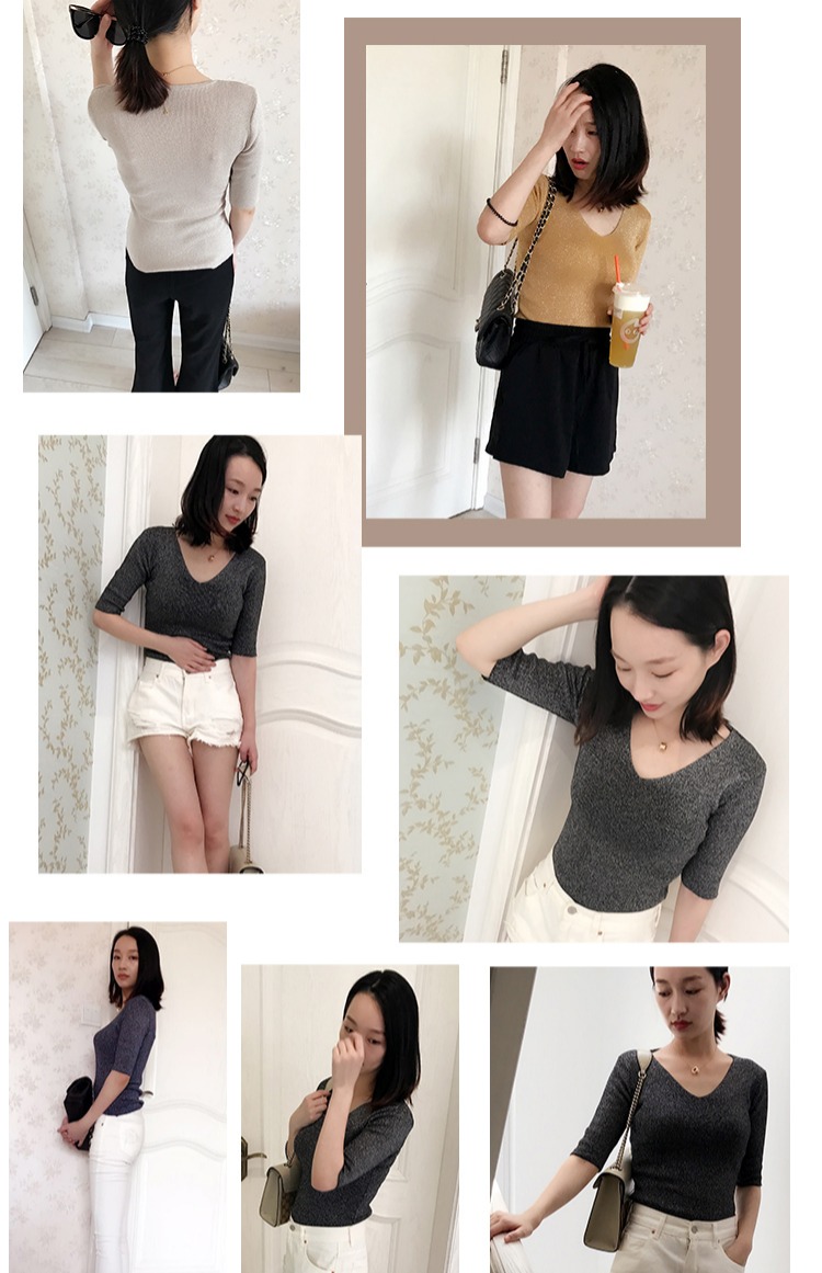 Áo len lụa năm điểm sáng tay áo len mùa thu nữ giảm béo áo thun nửa tay áo len cổ chữ V tay áo sơ mi áo len nữ form rộng