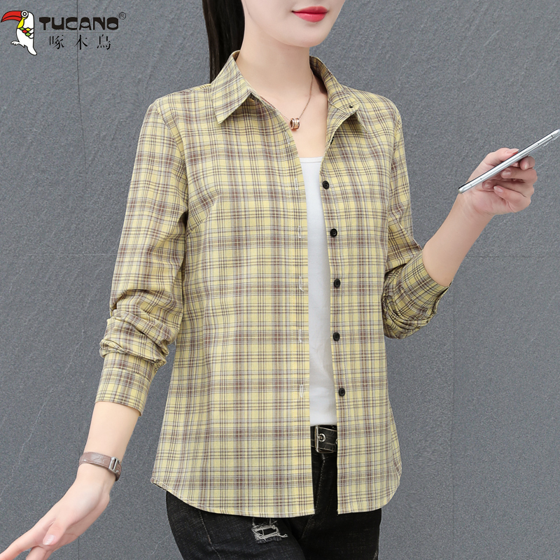 Woodpecker Brand All-Cotton Plaid Shirt for Women, Spring and Autumn 2026 New Style, Fashionable and Age-Reducing Thin Long-Sleeved Shirt for Middle-Aged Mothers