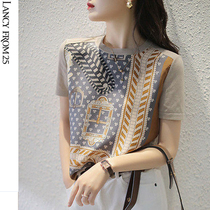 Lanpose Short Sleeve T-shirt Woman 2022 New Summer Loose Round Collar Half Sleeve Real Silk Splicing Ice Silk Knit Blouse