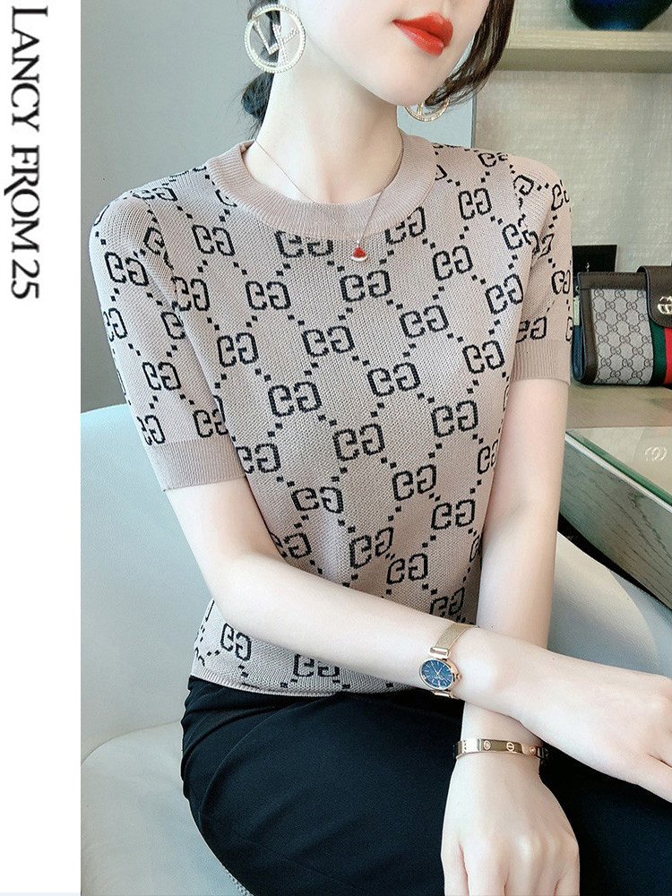 Langzi Ice Silk Short Sleeve T-Shirt Women's 2022 Summer Thin Section Temperament Slim Korean Version Casual Versatile Knit Sweater Top