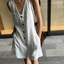 Korean chic summer reduced age retro small crowdsourced linen conjoined pants woman 100 lap sleeveless v collar conspiculess pair of shorts