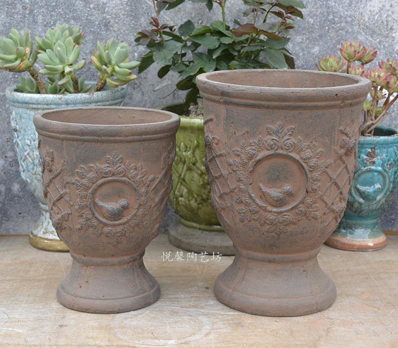 Eurostyle Pottery Pottery Basin High Foot Cups Iron Rust Color Nostalgia Floral Coarse Pottery Making Old Breathable Flower Pots