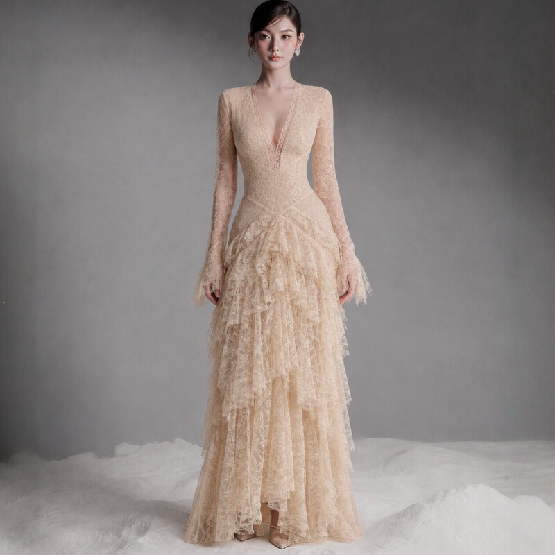 Vietnamese Niche Bell-Sleeve Lace V-Neck Ruffled Sheer Embroidered Lace Dress Long Dress Tiered Base Dress Vietnamese Niche Bell-Sleeve Lace V-Neck Ruffled Sheer Embroidered Lace Dress Long Dress Tiered Base Dress