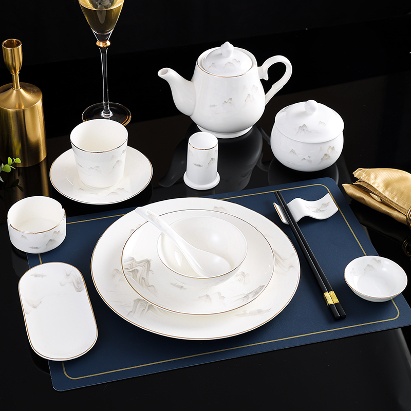 High-End Hotel Club Tableware Gold-Rimmed New Chinese-Style Restaurant Hotel Commercial Three-Piece Bone China Bowl and Plate Set High-End Hotel Club Tableware Gold-Rimmed New Chinese-Style Restaurant Hotel Commercial Three-Piece Bone China Bowl and Plate Set