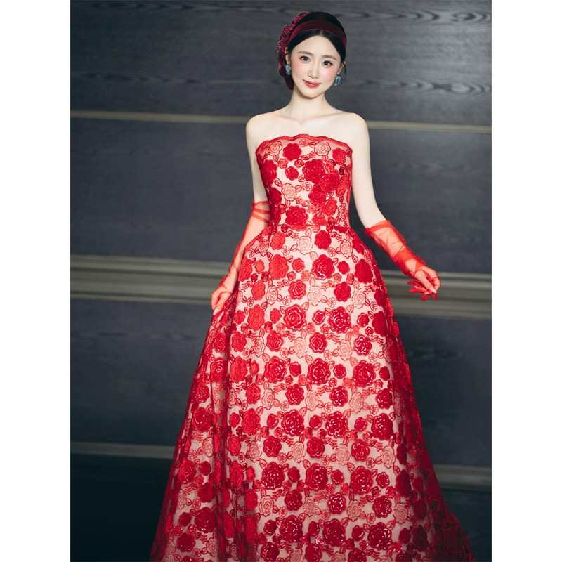 Strapless Robe for Women, Red Lace Vintage Engagement Wedding Dress, Homecoming Casual Dress, Toast Dress Strapless Robe for Women, Red Lace Vintage Engagement Wedding Dress, Homecoming Casual Dress, Toast Dress