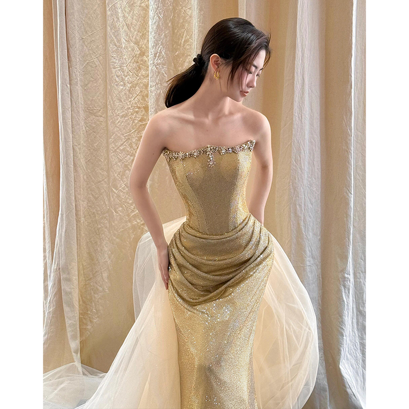Gold Evening Dress 2026 New Style High-End Bridal Engagement Wedding Dress Toast Dress Strapless Banquet Host Gold Evening Dress 2026 New Style High-End Bridal Engagement Wedding Dress Toast Dress Strapless Banquet Host