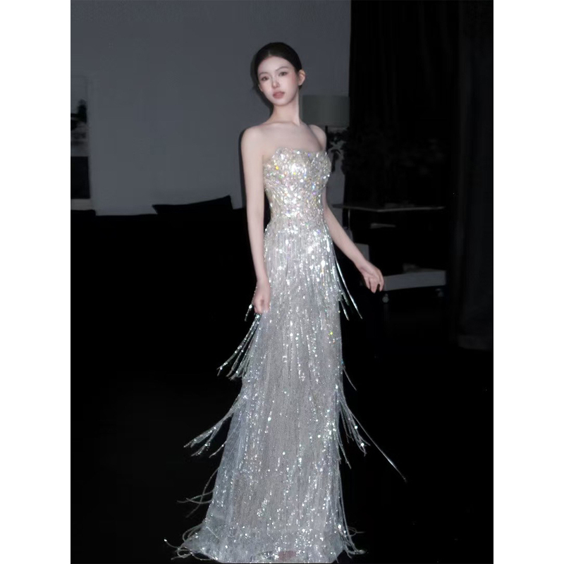 Strapless Evening Dress with a High-End Feel, Sequin Tassels, Bridal Engagement Wedding Toast Dress, Fishtail Banquet Host Dress