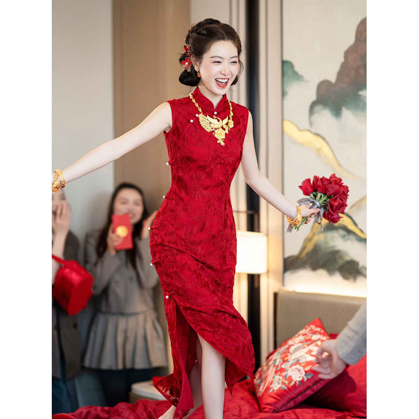新中式旗袍敬酒服2025新款高級感酒紅色新娘訂婚結婚禮服裙女晨袍