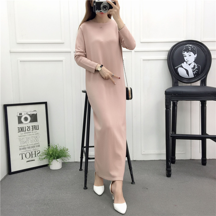 Mùa thu và mùa đông của phụ nữ váy dài đoạn dưới váy nữ phiên bản Hàn Quốc của cổ tròn là len mỏng lau váy dài và váy len váy jean dài