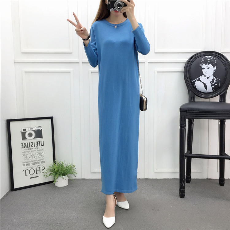 Mùa thu và mùa đông của phụ nữ váy dài đoạn dưới váy nữ phiên bản Hàn Quốc của cổ tròn là len mỏng lau váy dài và váy len váy jean dài
