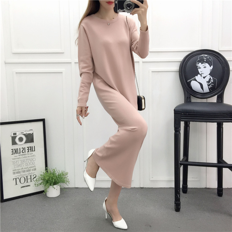 Mùa thu và mùa đông của phụ nữ váy dài đoạn dưới váy nữ phiên bản Hàn Quốc của cổ tròn là len mỏng lau váy dài và váy len váy jean dài