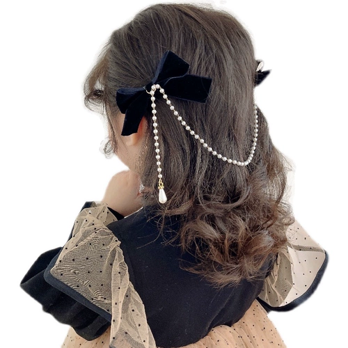 Черный детский аксессуар для волос из жемчуга для принцессы, ободок, шпильки для волос, в стиле Шанель