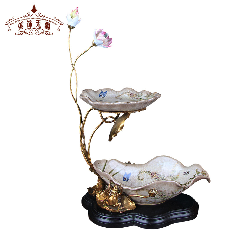 New Chinese-style double-layer lotus fruit plate creative hand-painted ceramics with copper European-style living room art desktop decoration ornaments