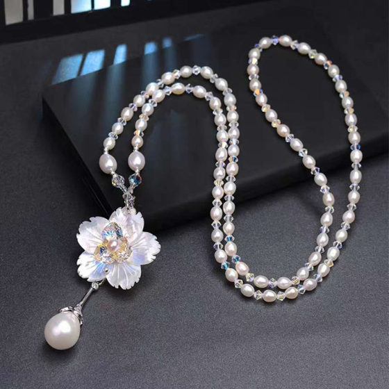 Korean style elegant pearl sweater chain long women's crystal pearl necklace shell flower necklace fashion accessories