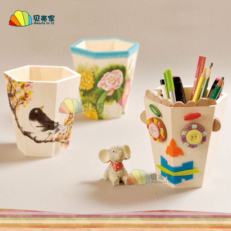 Handmade Diy Hand-painted Wooden Pen Holder Hexagon Cylinder White Blank Kindergarten Children Fine Art Drawing Snowflake Clay Material