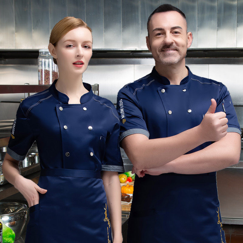 Hotel chef work clothes short-sleeved blue male hotel western food cake baking cafeteria light and breathable summer tooling