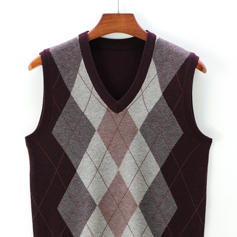 Paul Men's Wool Sweater with Diamond Pattern, Thick Knitted Cashmere Vest, Winter Style, V-Neck, Sleeveless, for Young and Middle-Aged Men