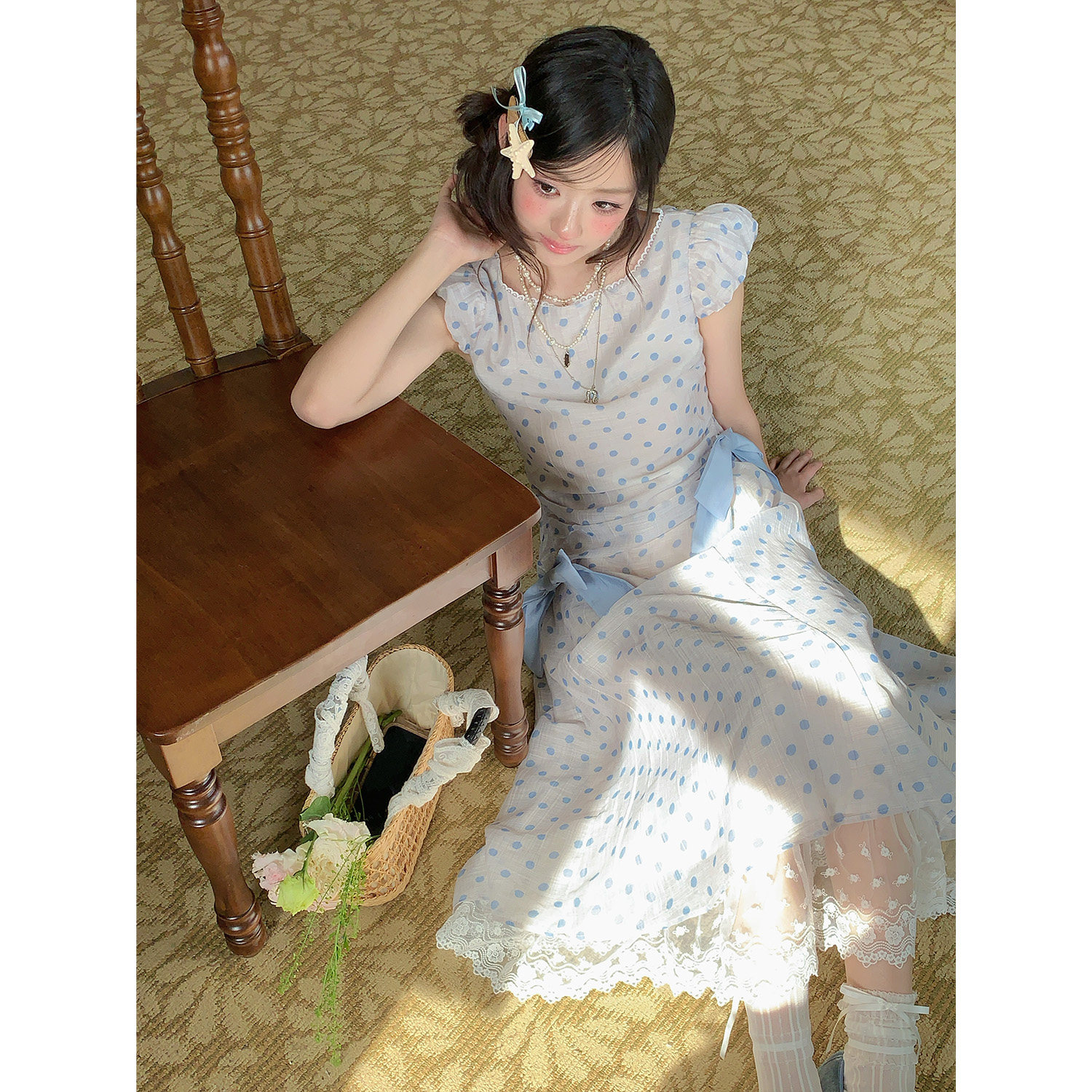 Ruanruan's homemade blue mist polka dot retro French vacation dress for women, summer dress with bow and slim waist.