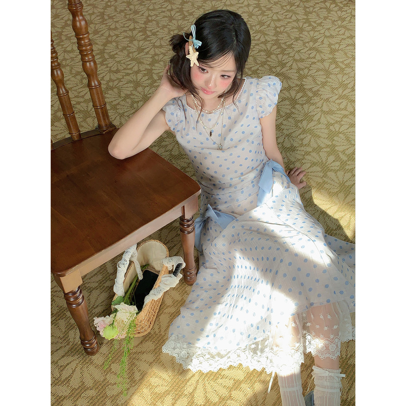 Ruan Ruan LAOSHU Blue Mist Polka Dot Vintage French Resort Dress for Women Summer Bow Tie Waist Slimming Dress
