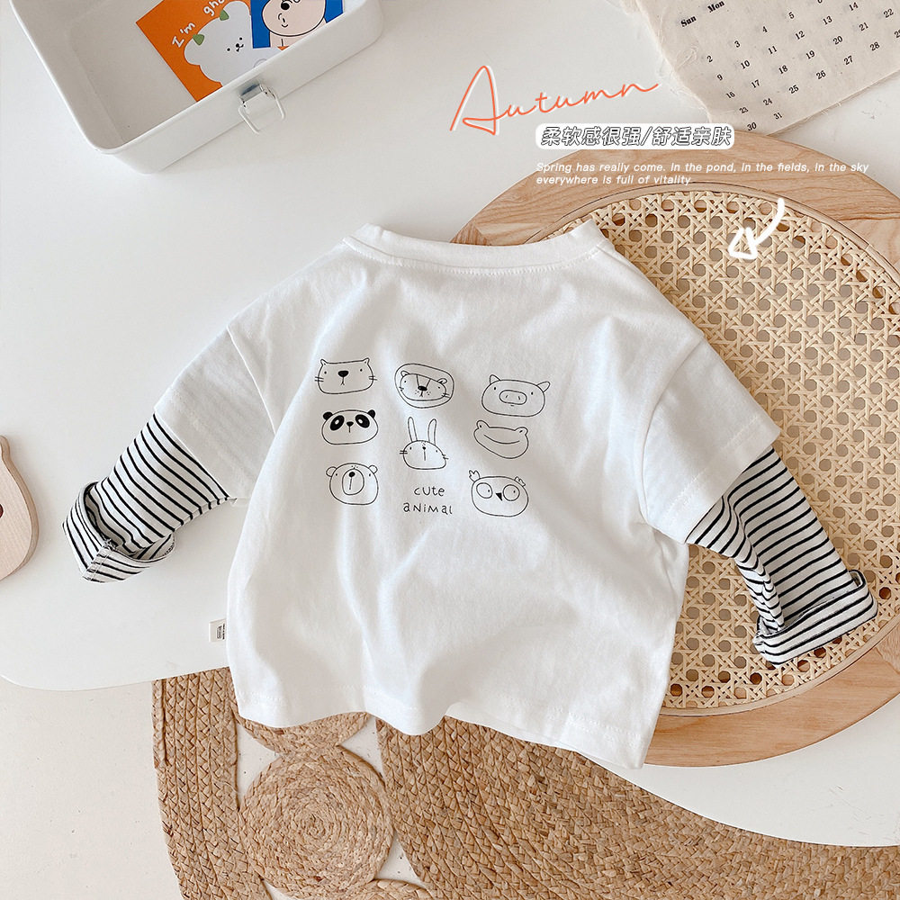 Pure cotton children's fake two-piece long-sleeved T-shirt children's autumn clothes new boys and girls baby white top bottoming shirt