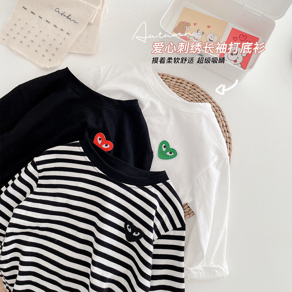 2022 spring new children's bottoming shirt boys and girls T-shirt baby Western style love striped long-sleeved top loose