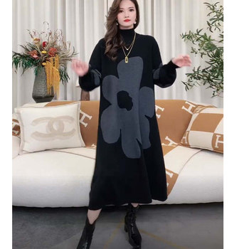 Autumn and Winter Women's Loose-Fitting Plus-Size Knit Sweater Dress with Half-High Collar, Long Over-The-Knee Design, Tummy-Covering Wool Dress