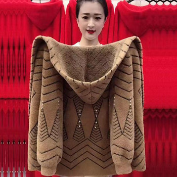 Mink Velvet Autumn New Style Women's Mother's Coat Autumn and Winter Middle-Aged and Elderly Knitted Cardigan Hooded Loose Short Top