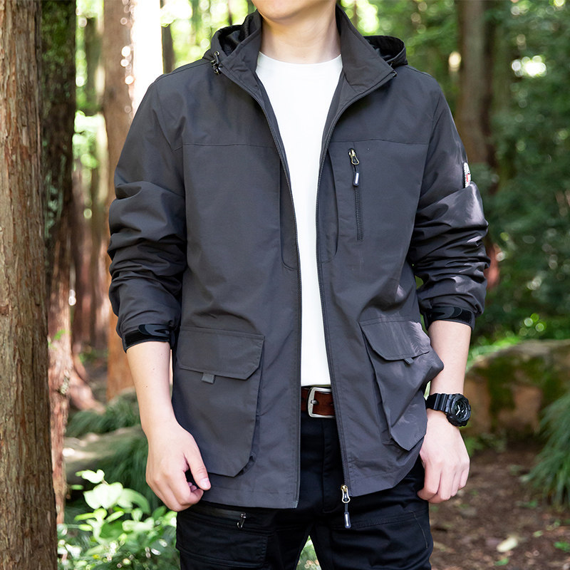 Multi-Pocket Work Jacket for Men, Spring and Autumn, Large Size, Loose Fit, Windproof Jacket, Outdoor Hiking Sports Hooded Jacket
