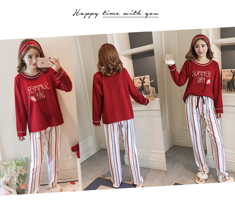 Đồ ngủ nữ mùa xuân và mùa thu quần dài tay cotton Bộ hai mảnh phim hoạt hình Hàn Quốc Cotton giản dị Kích thước lớn Dịch vụ tại nhà đồ ngủ de thương
