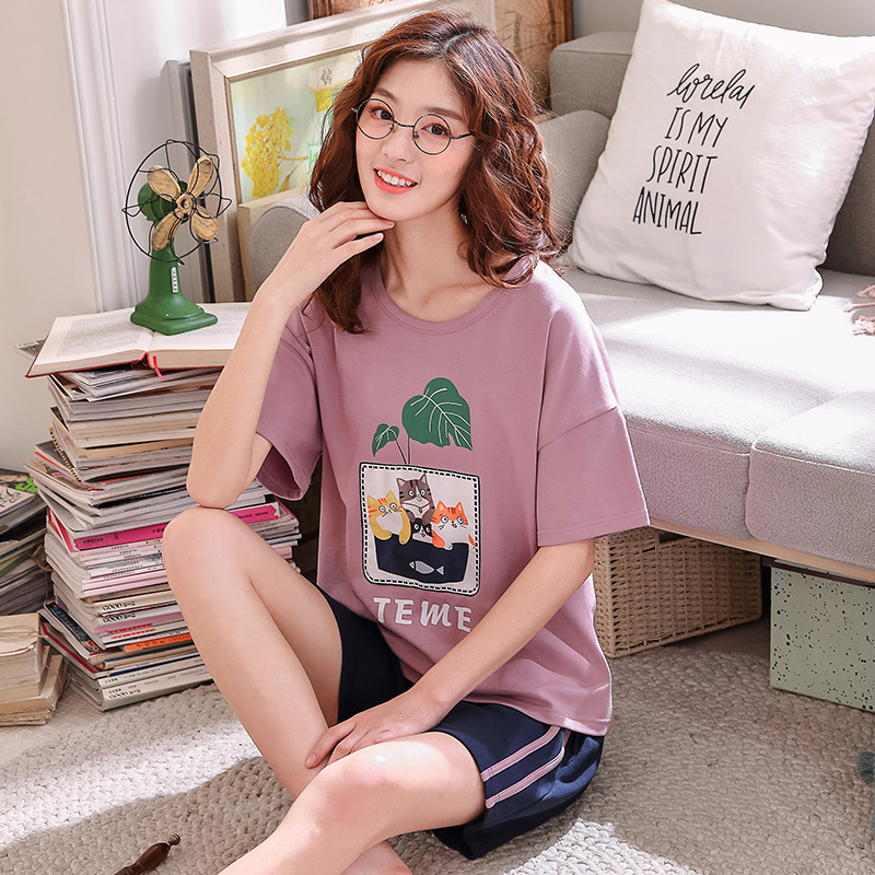 Short-sleeved pajamas women's summer cotton Korean version of cute thin loose shorts autumn and summer home clothes two-piece suit