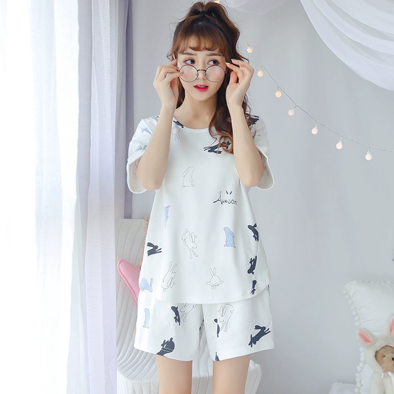 Đồ ngủ nữ mùa hè cotton ngắn tay Hàn Quốc mùa hè dễ thương cô gái tươi mới sinh viên hai mảnh phục vụ nhà - Giống cái