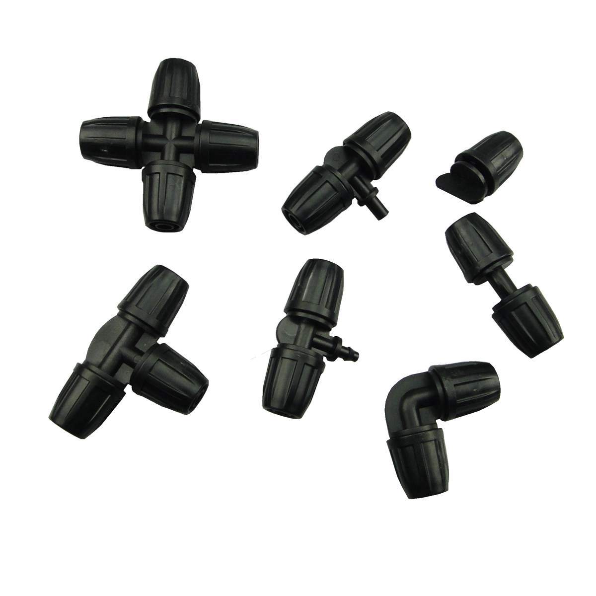Belt-locking hair pipe three-way choke plug 8 11 pipe joint spray irrigation fitting with heterodiameter three-way atomization nozzle drip-head
