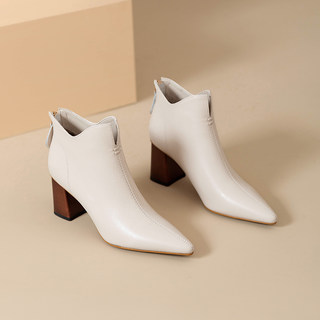 New French-Style Genuine Leather Pointed-Toe High-Heeled Short Boots for Women 2025 Autumn and Winter White Fleece-Lined Chelsea Chunky Heel Fashion Ankle Boots